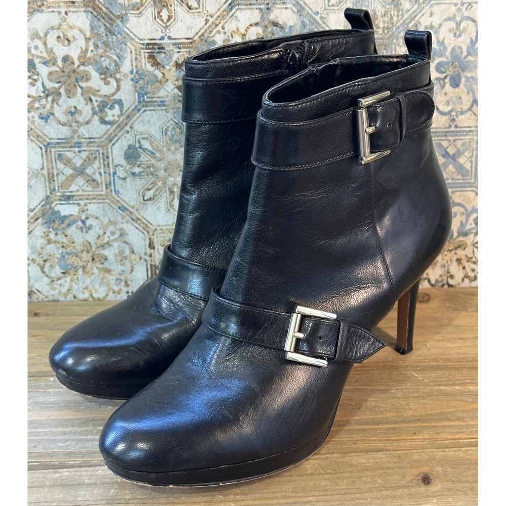 Nine West Leather Buckle Stiletto Ankle Boots Womens 8M Black Classy Club